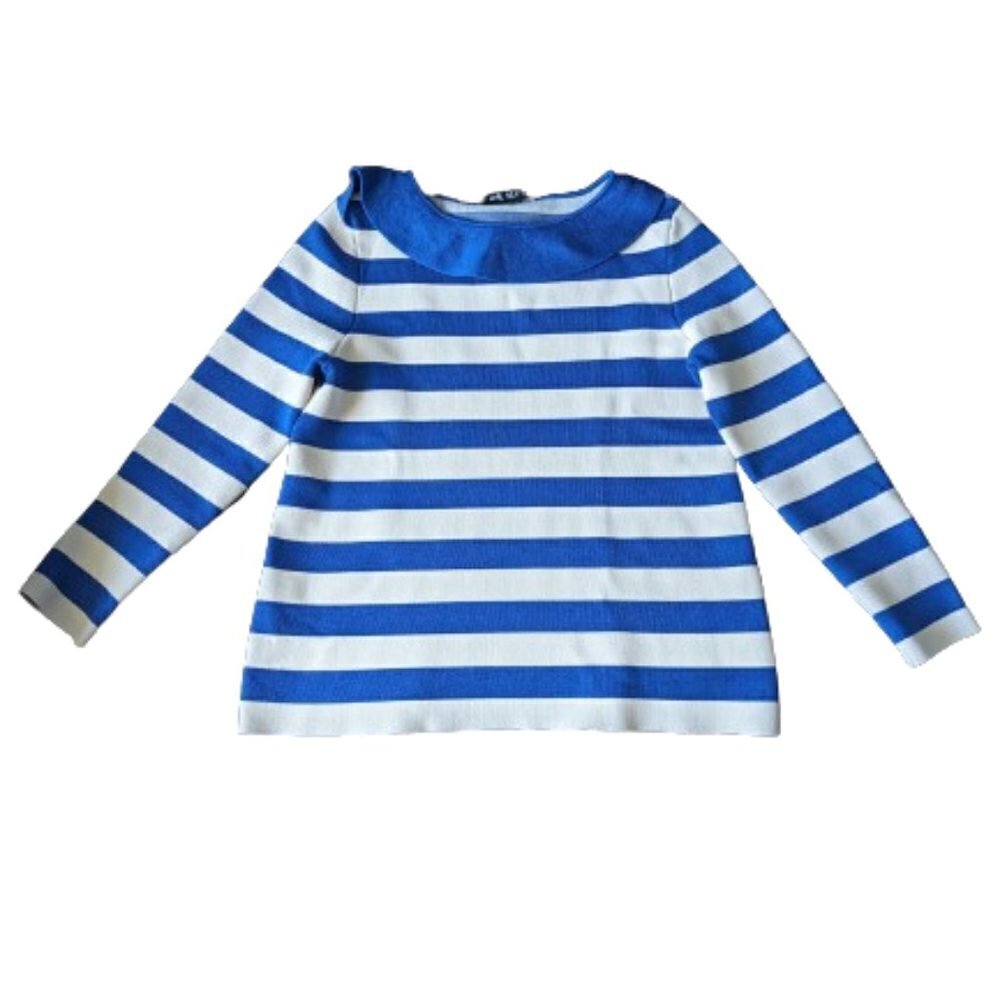 The Fold Blue and Off White Striped Top with Flounce Collar